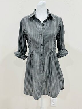 Lafayette 148 New York Striped Drawstring Tunic Shirt Blouse Roll Tab Gray Sz P